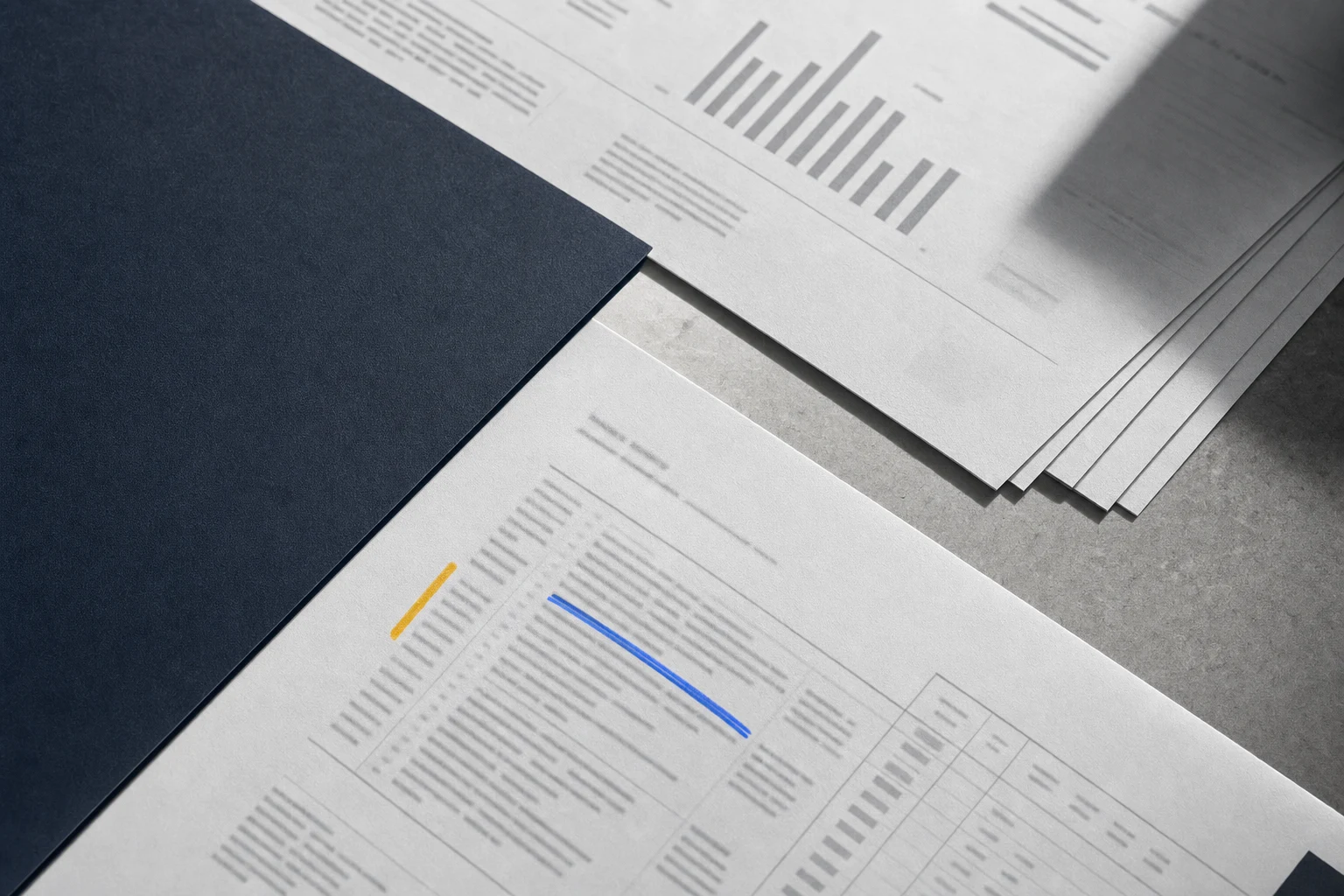 Layered security assessment reports arranged on a dark folder